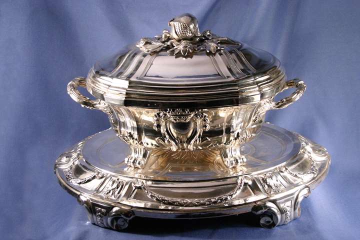 Pair of Louis XVI plated soup tureens, covers and stands
